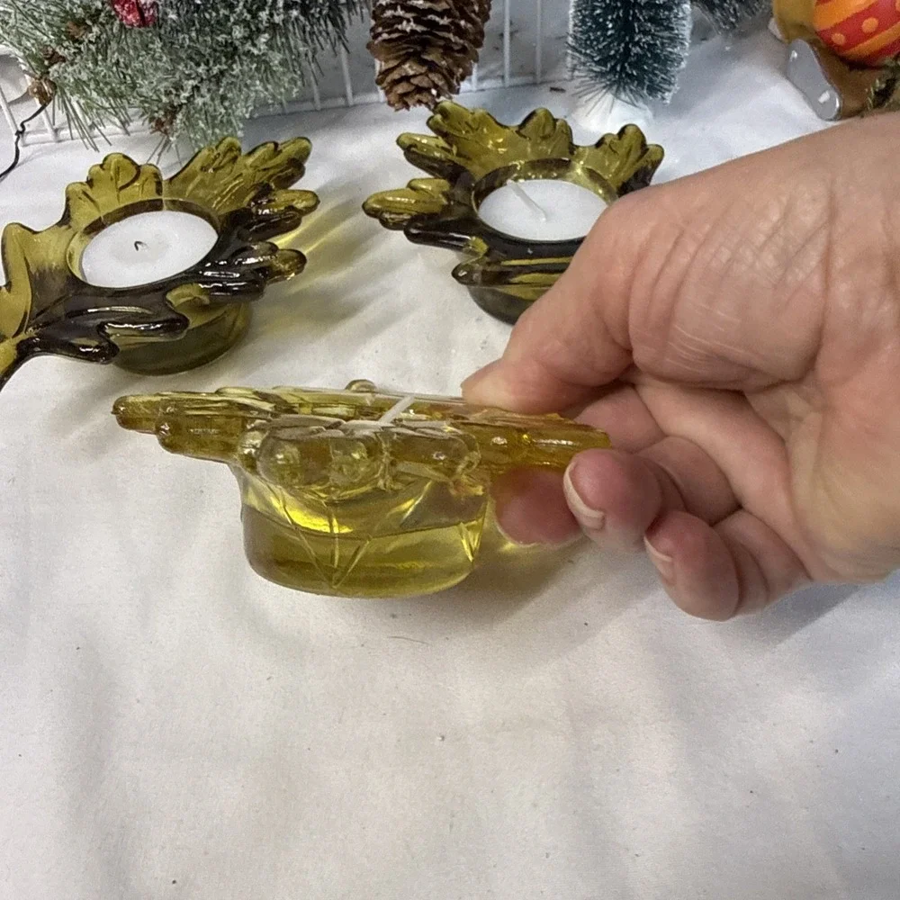 Fall Leaf Glass Votive Candle Holders Gold/Green Set of 3. Vintage